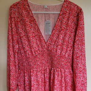 Midi red flower pattern cottage core dress